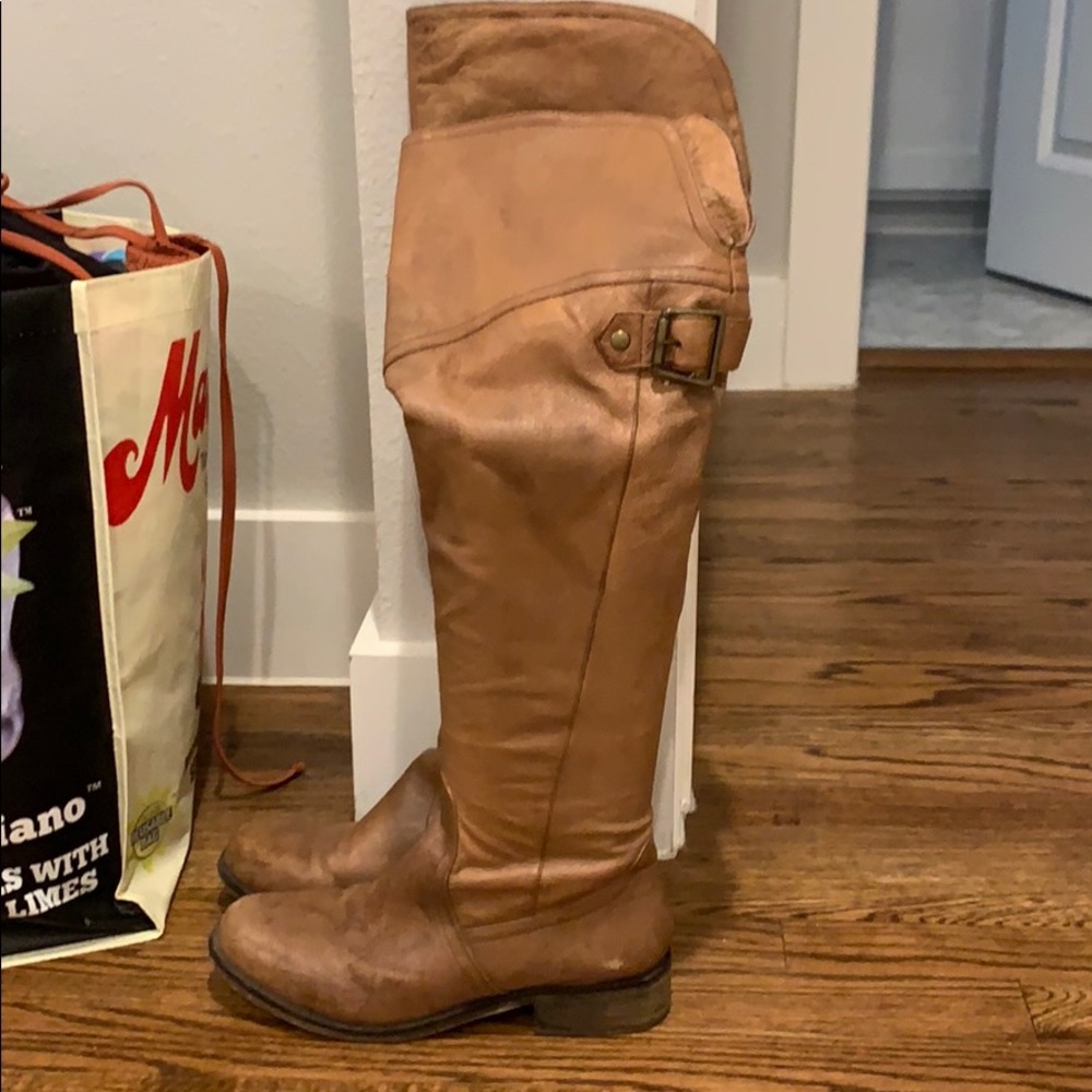 Over the knee cognac boots